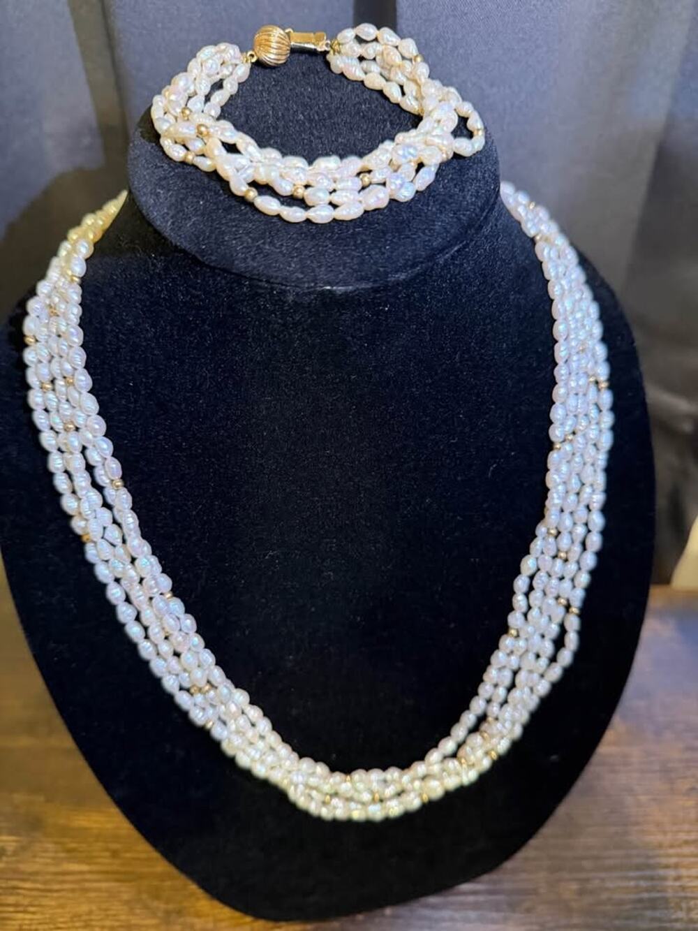 5-Strand Genuine Pearl Necklace & Bracelet Set with 14K Gold Clasps (CCC14)